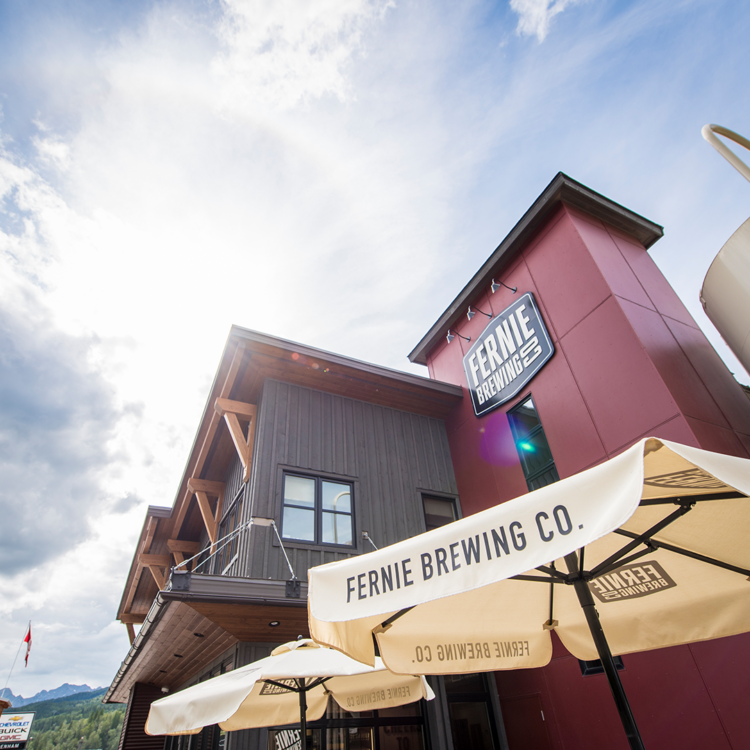 Umbrellas on the Fernie Brewing Co. patio in summer.