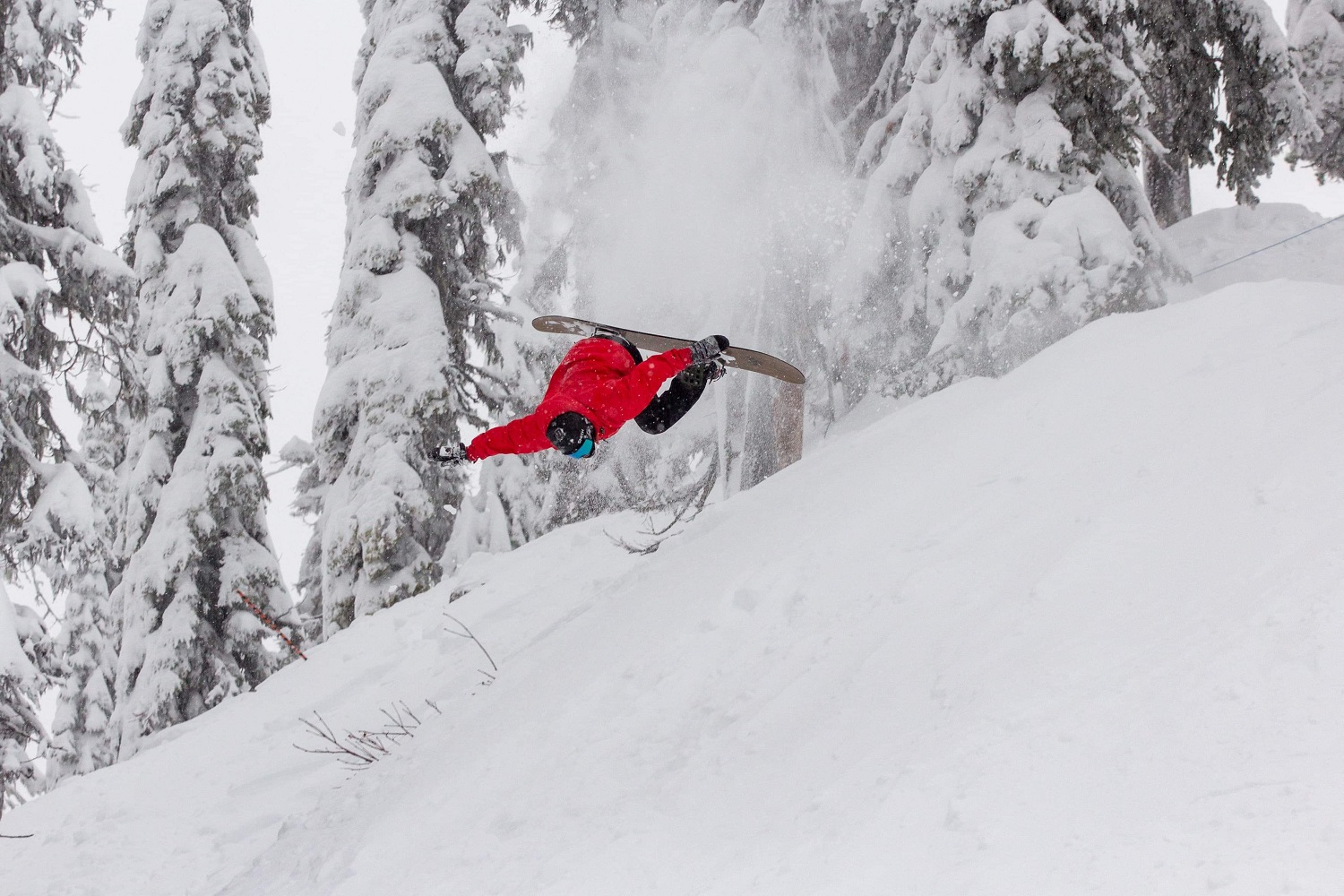 Dale hucking a backflip on a snowboard