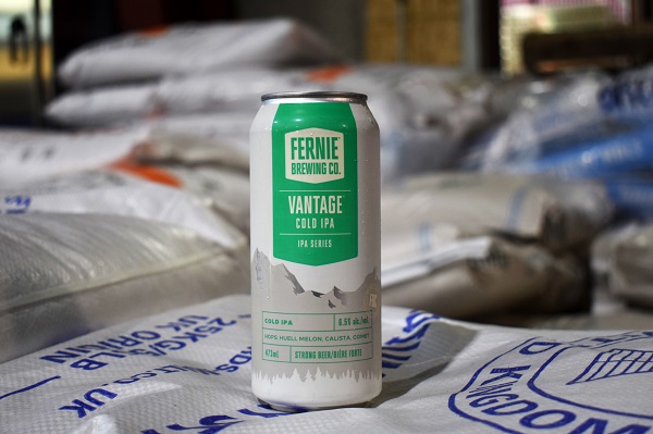 A can of Vantage sitting on bags of malt