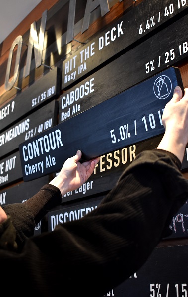A tapboard sign of Contour being put up