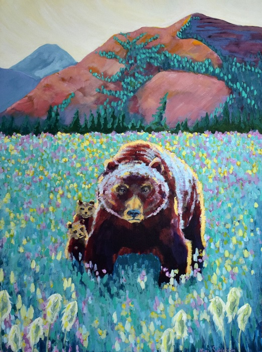 a painting of a family of grizzlys in a field with a mountain behind them