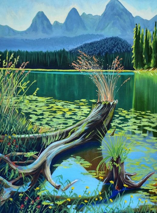 A still lake with mountains in the background and log in the foreground