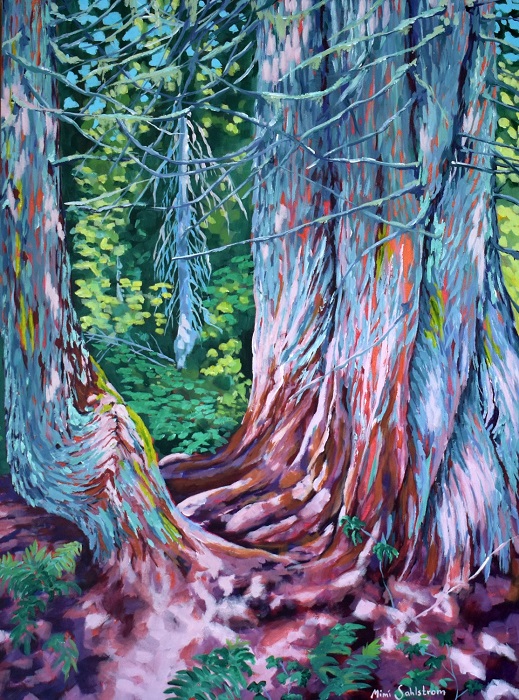 A painting of large old growth tree trunks