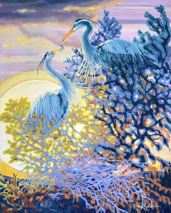 Painging of two blue herons