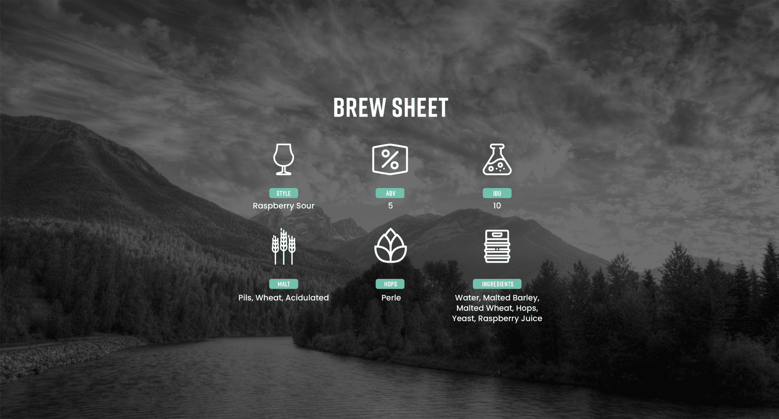A brew sheet for Sundown Raspberry Sour summarizing the details of the beer.