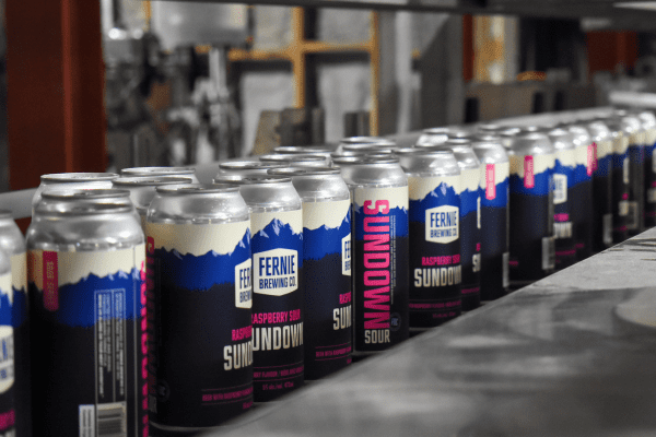 Cans of Sundown Raspberry Sour on the canning line
